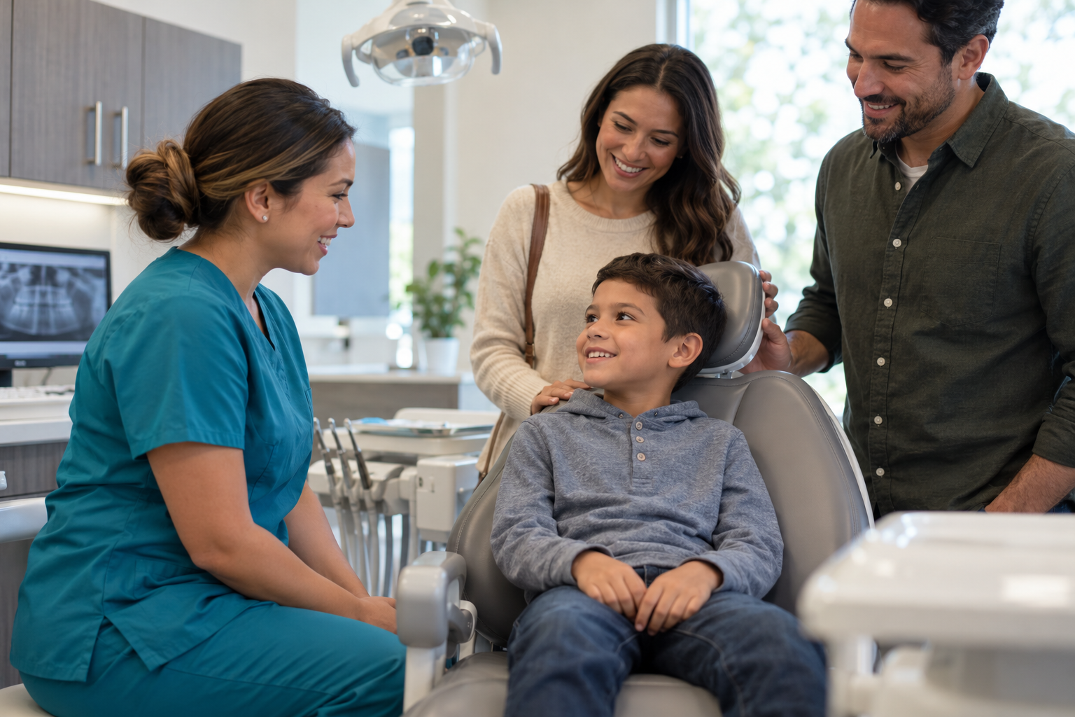 Dental assistant speaking with a child in the dental chair while his parents look on