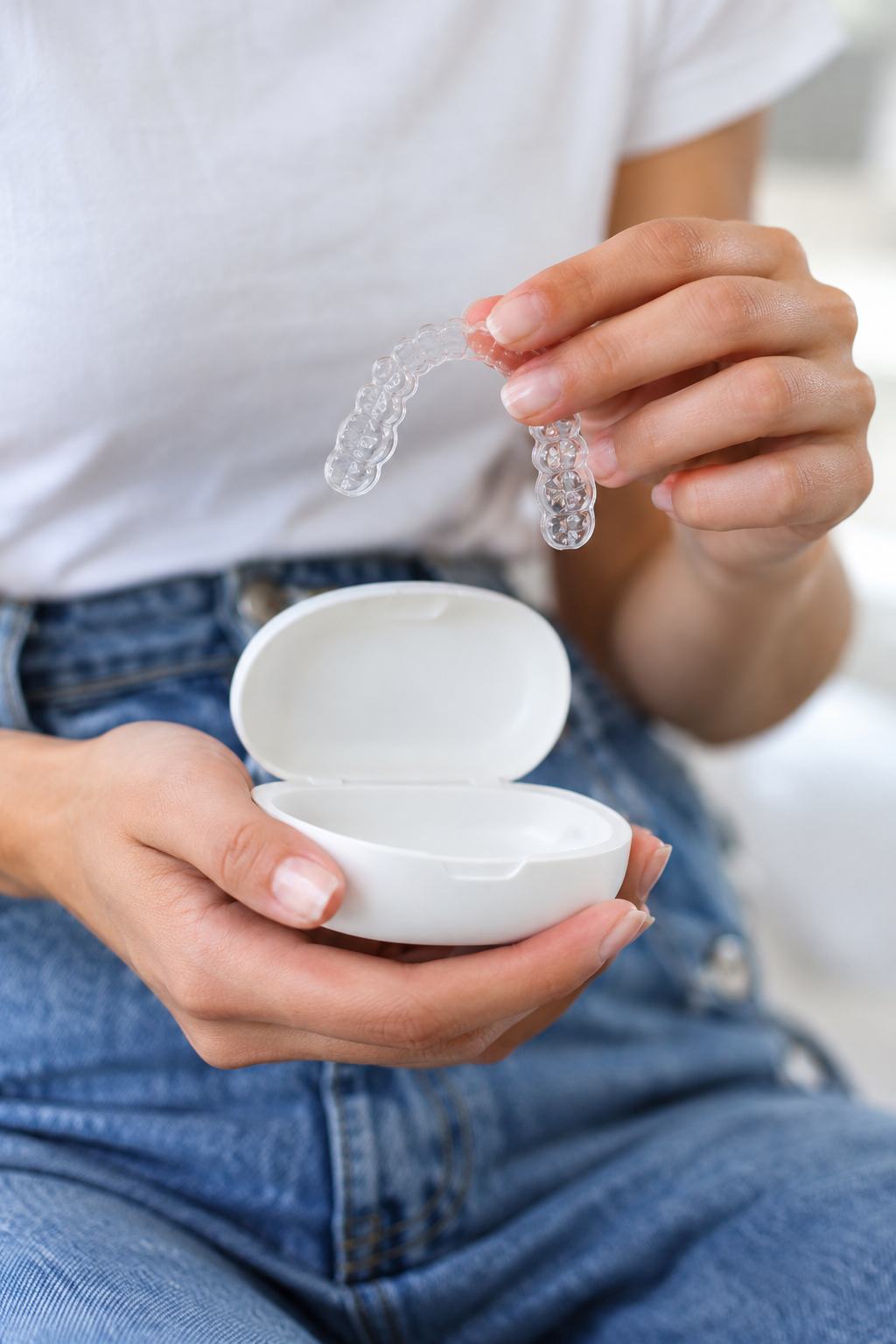 Person holding a clear aligner tray above its carrying case