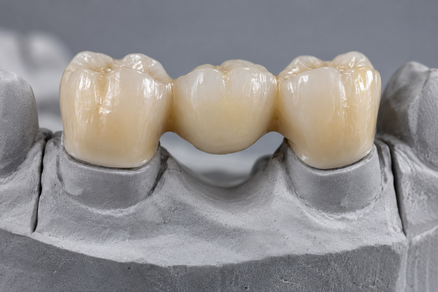 Three-unit porcelain dental bridge on a dental stone model