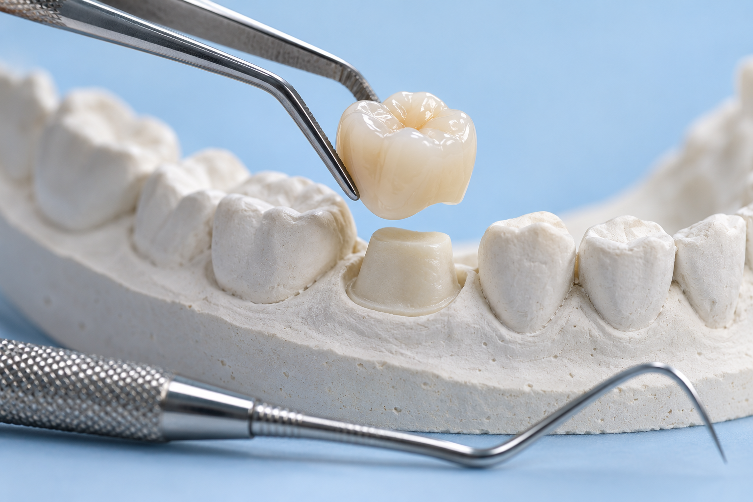 Porcelain dental crown being placed on a prepared tooth model with dental instruments
