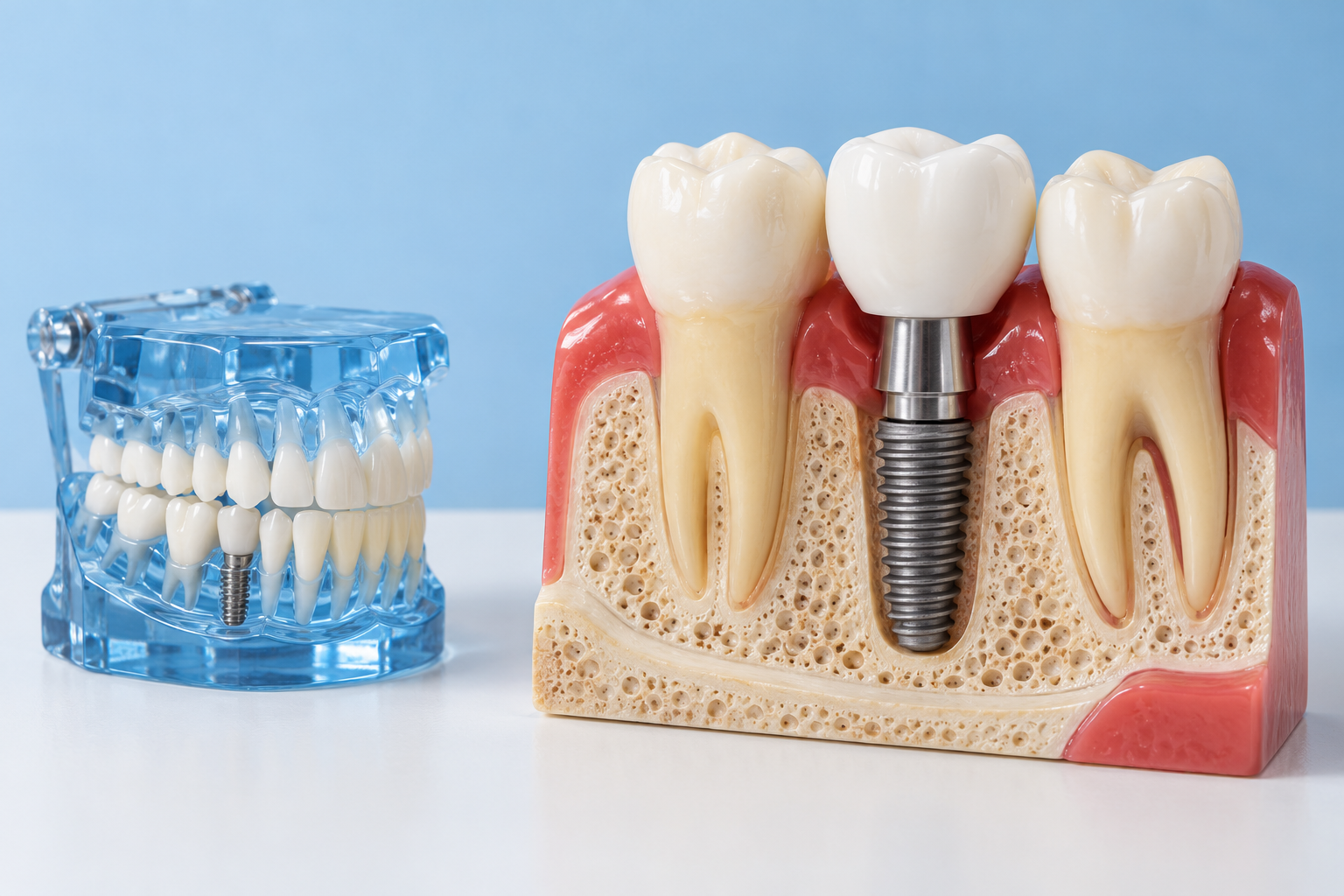 Dental implant cross-section model showing titanium screw, abutment and crown alongside a transparent jaw model
