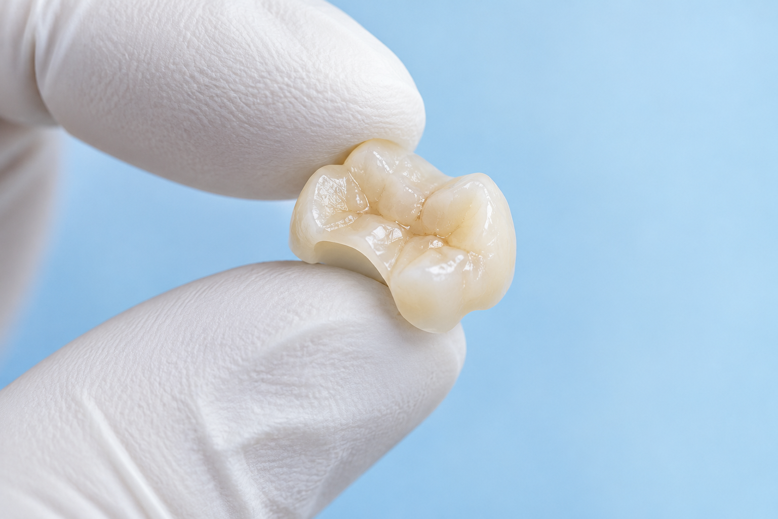 Porcelain dental inlay held by a gloved hand