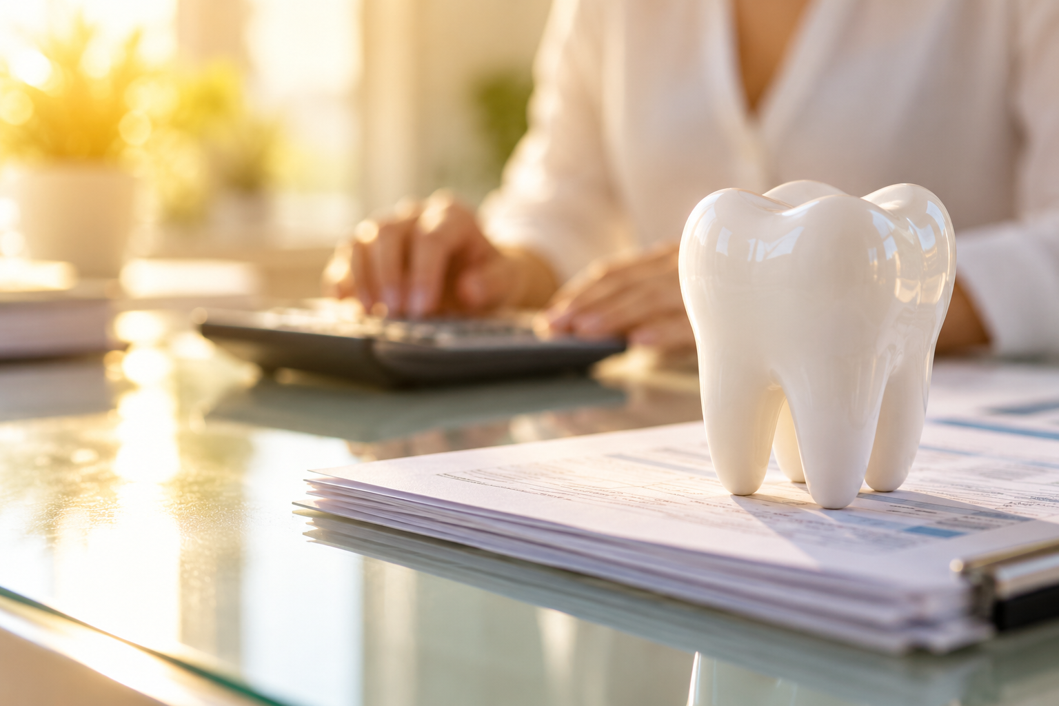 White ceramic tooth model on paperwork with person using a calculator in the background