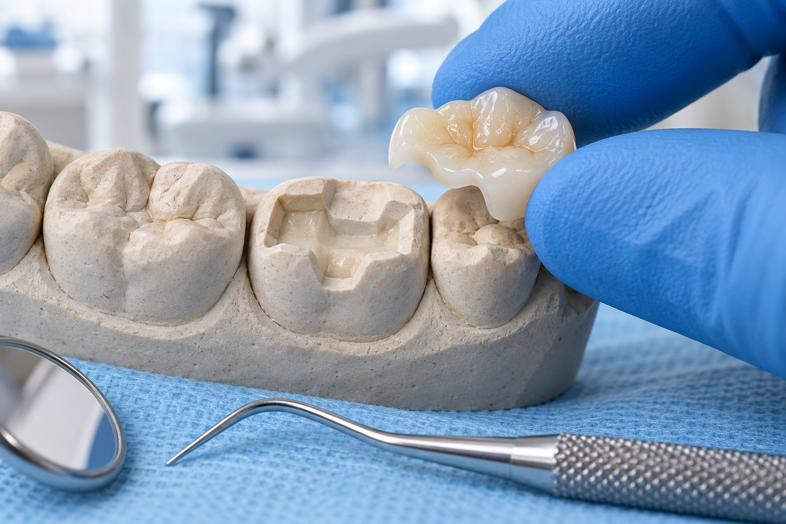 Porcelain onlay being placed onto a prepared tooth on a dental stone model