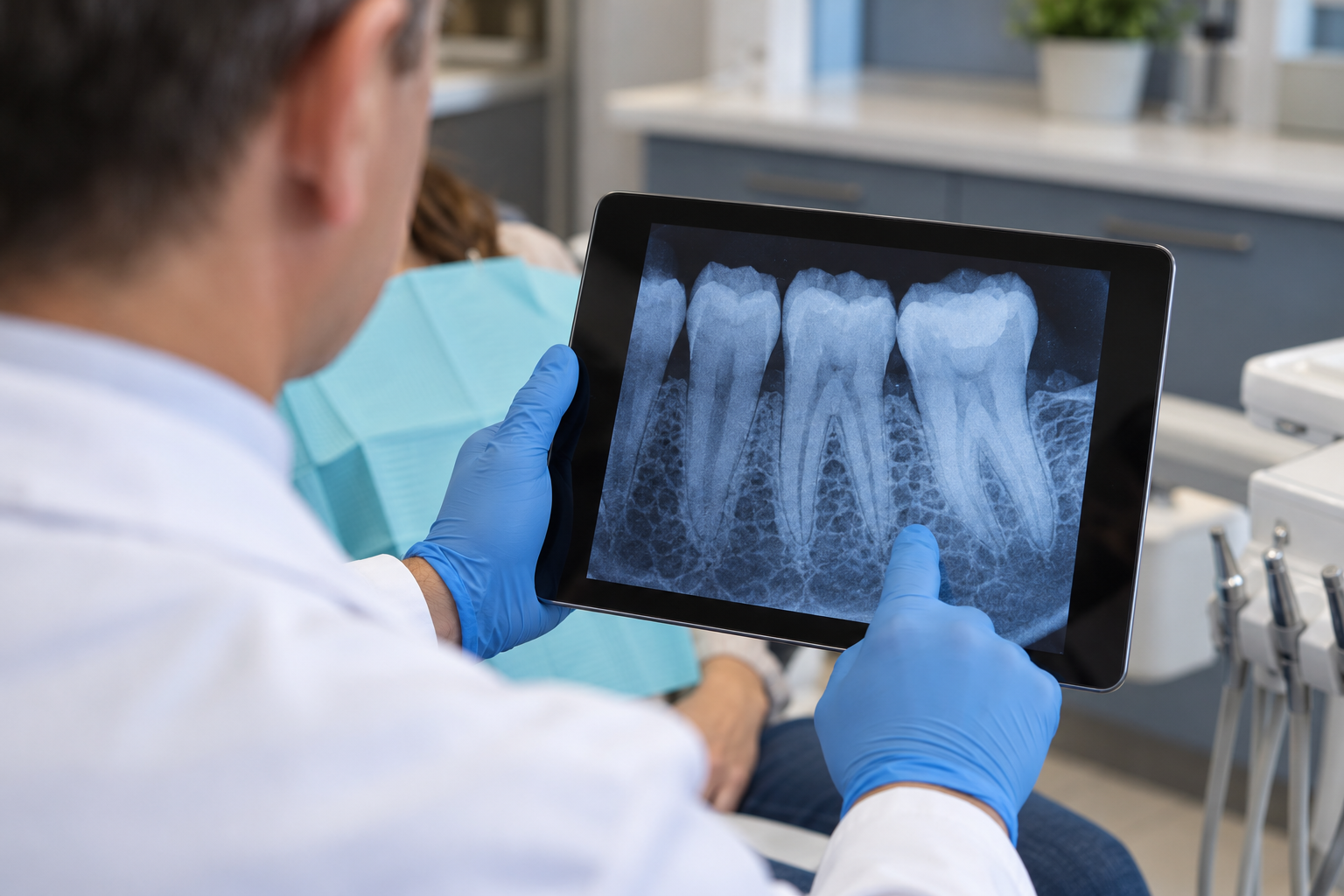 Dentist reviewing a dental X-ray on a tablet during a consultation