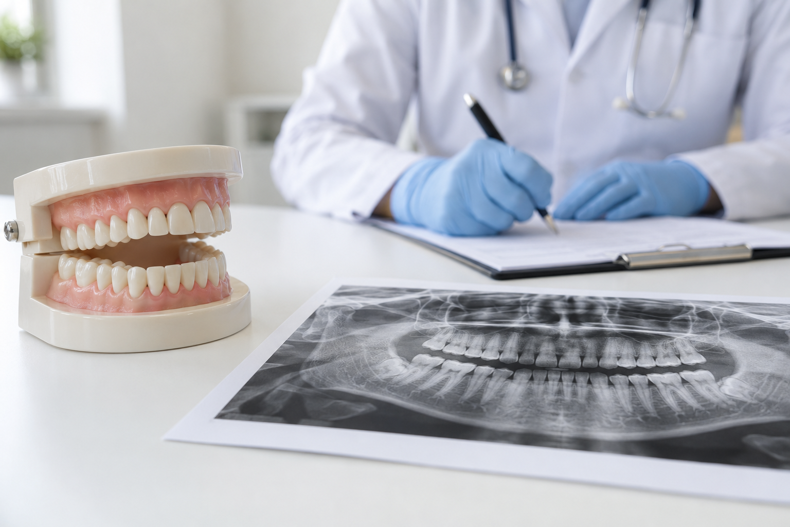 Dentist writing notes at a desk with a dental typodont model and panoramic X-ray