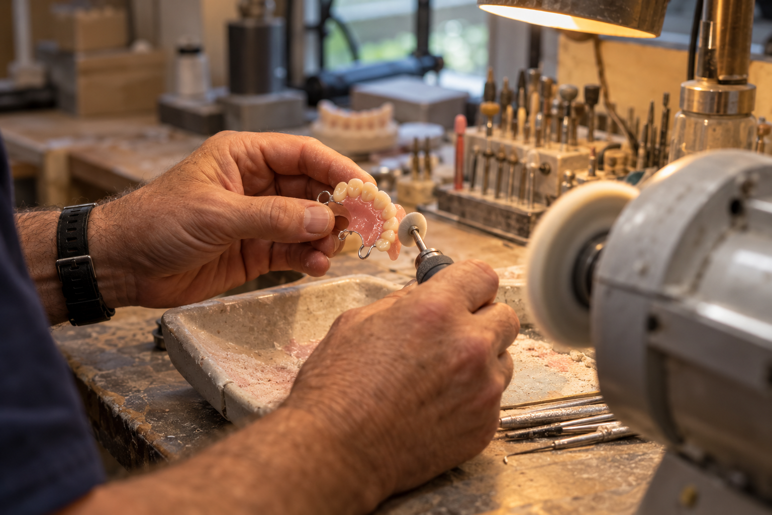 Dental lab technician polishing a denture at a workbench