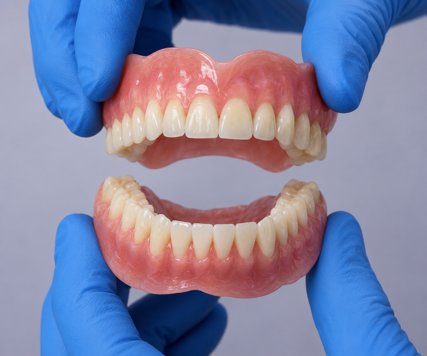 Complete upper and lower dentures held by blue-gloved hands