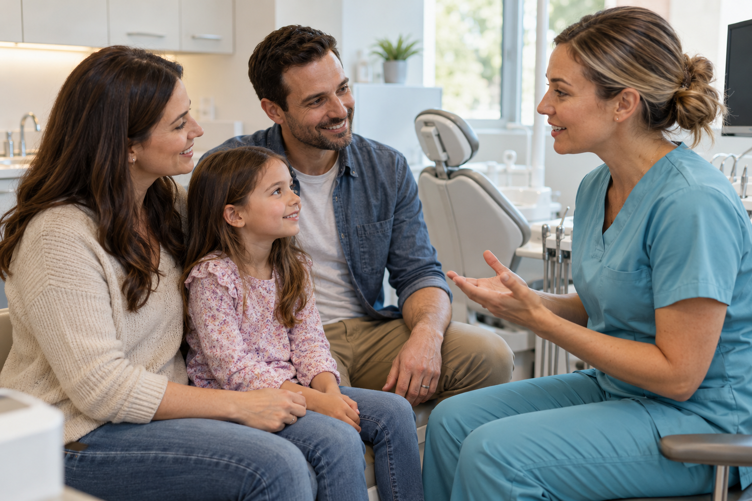Family speaking with a dental assistant in the operatory at Kosta Smiles