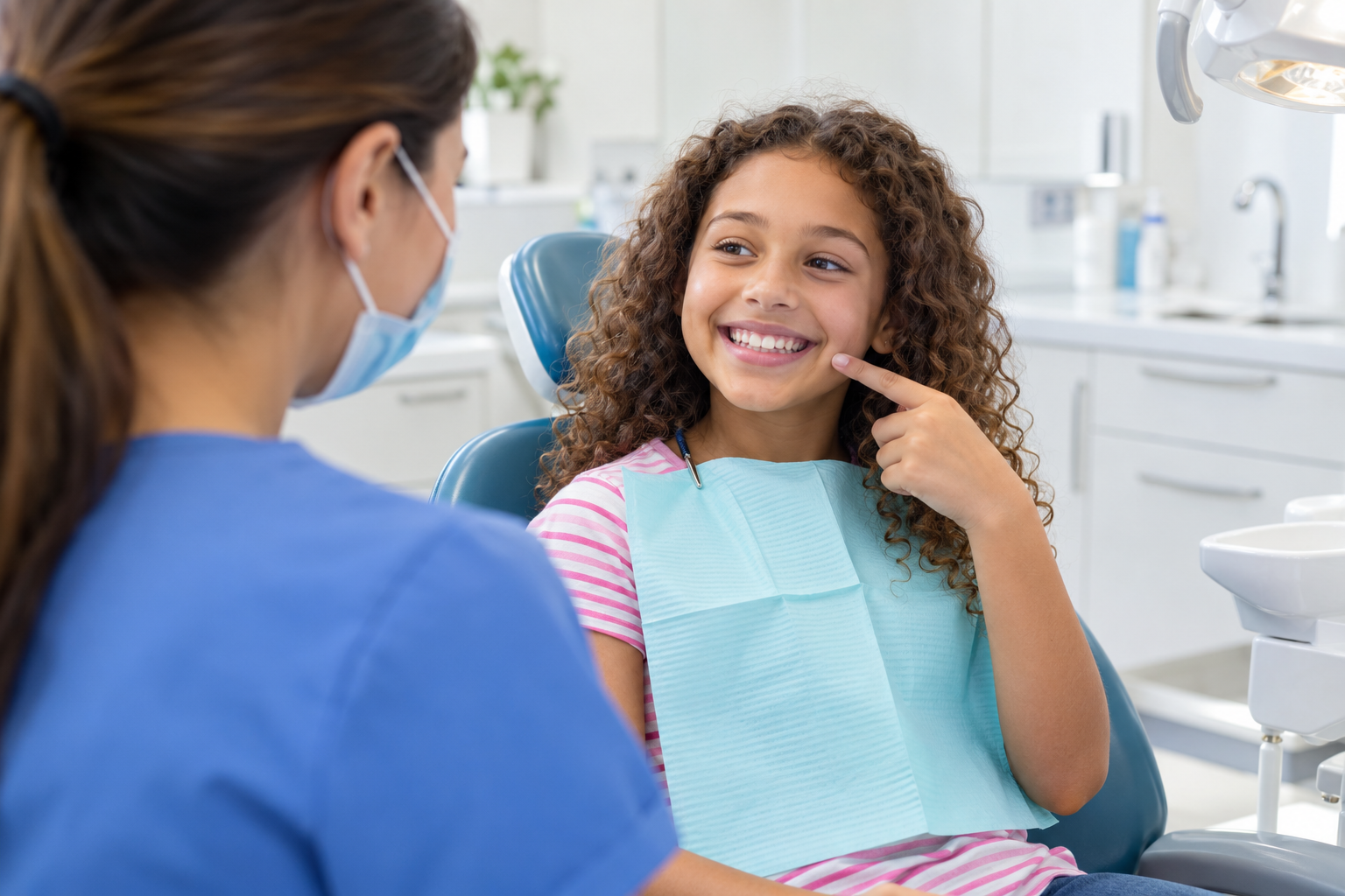 Young girl with curly hair smiling in a dental chair and pointing at her teeth