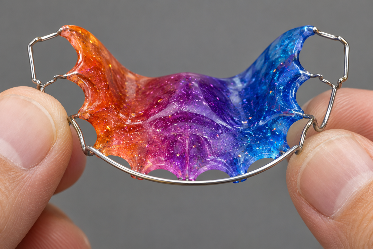 Close-up of a colorful sparkly Hawley retainer with metal clasps