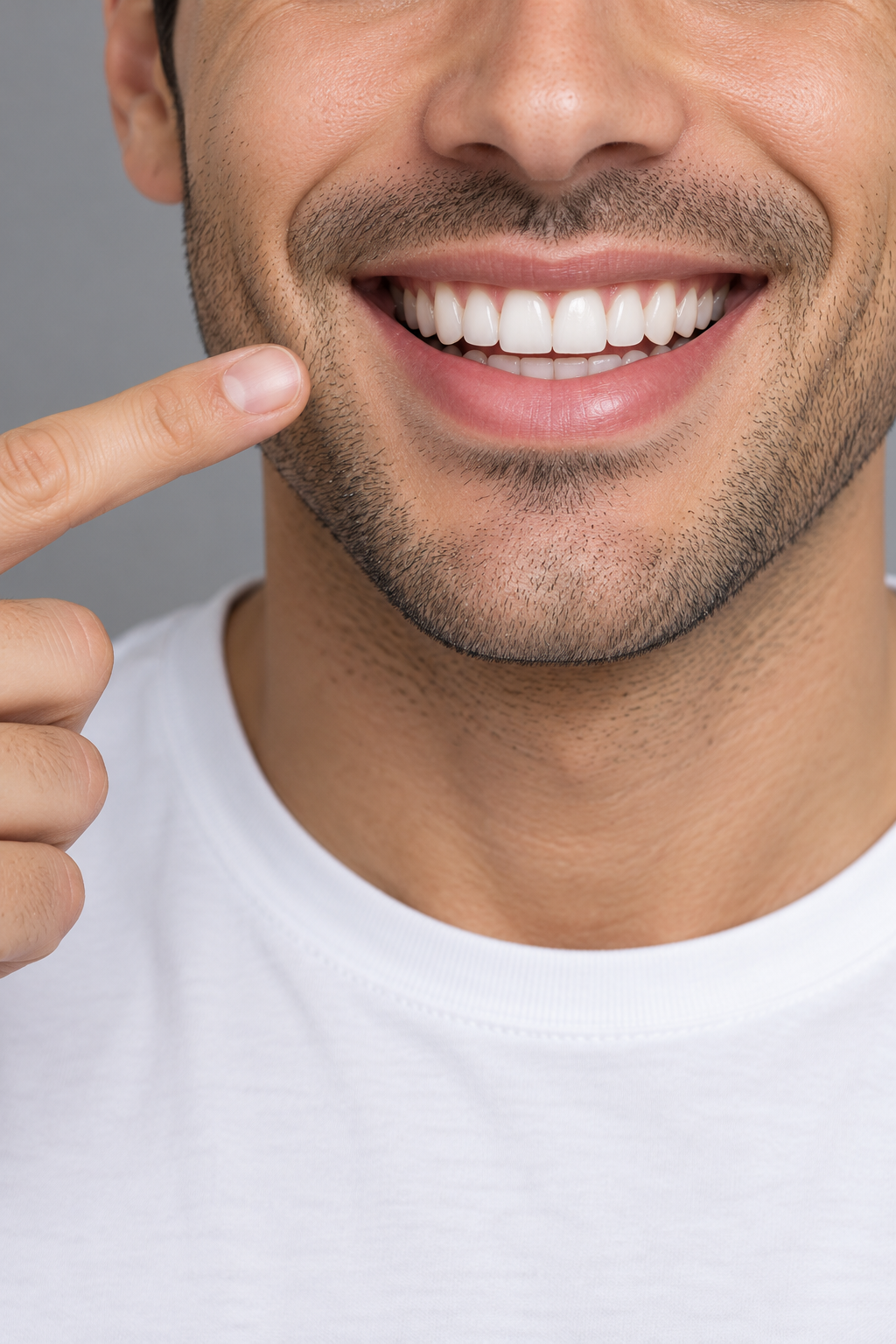 Man pointing at his healthy smile showing clean teeth and gums