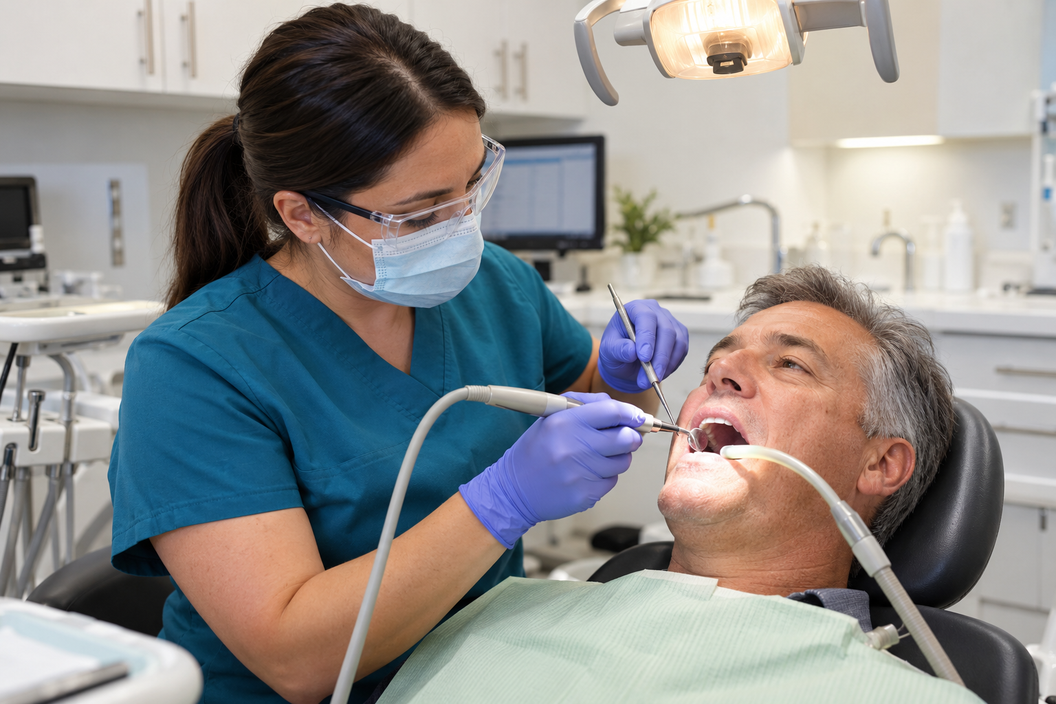 Man receiving a periodontal maintenance cleaning from a hygienist in a modern dental operatory