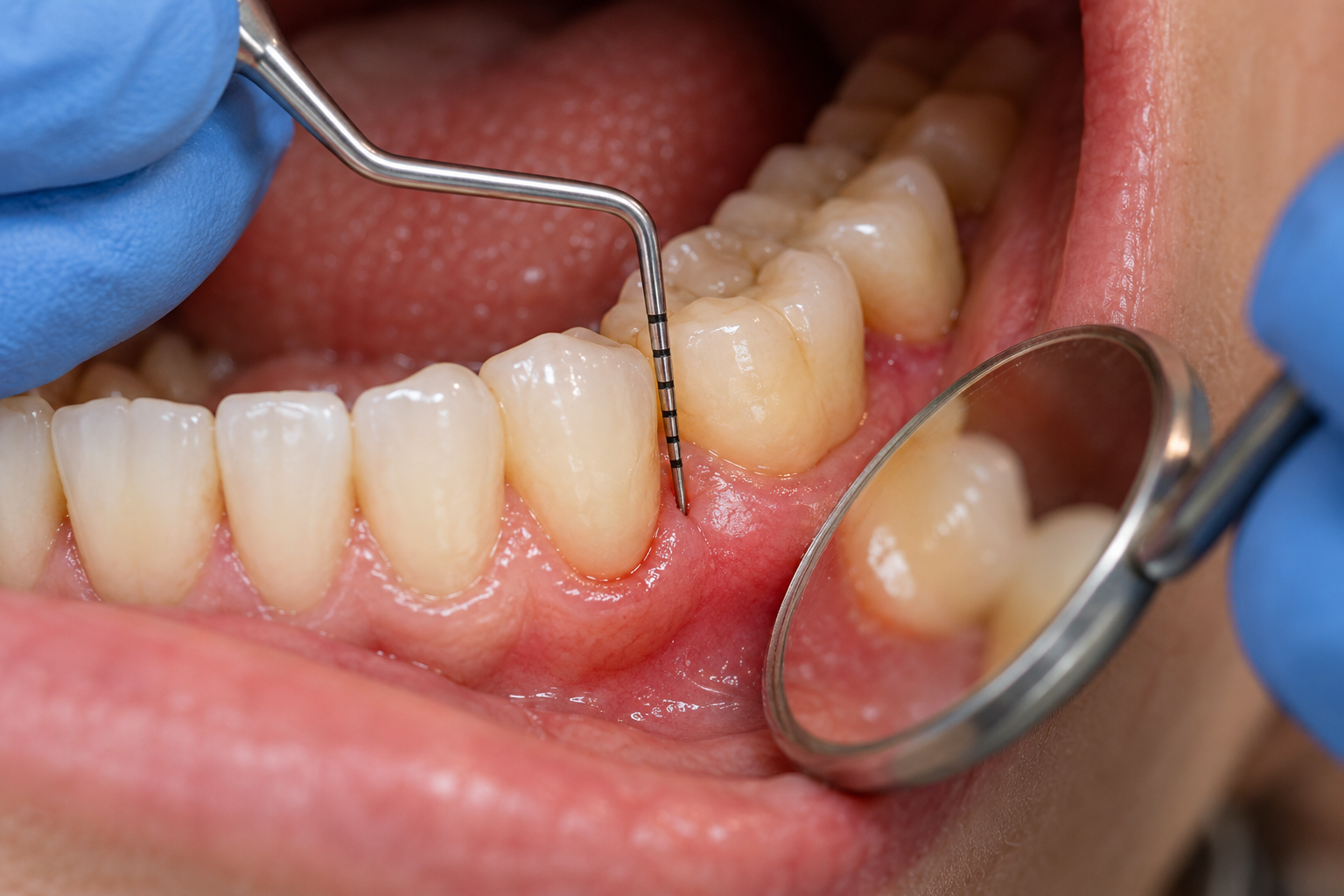 Close-up of a periodontal probe measuring gum pocket depth