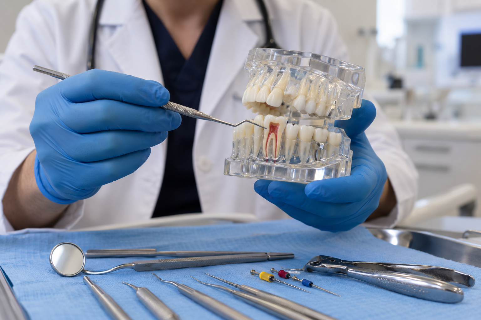 Dentist holding a transparent jaw model with root canal cross-section and dental instruments on a surgical tray