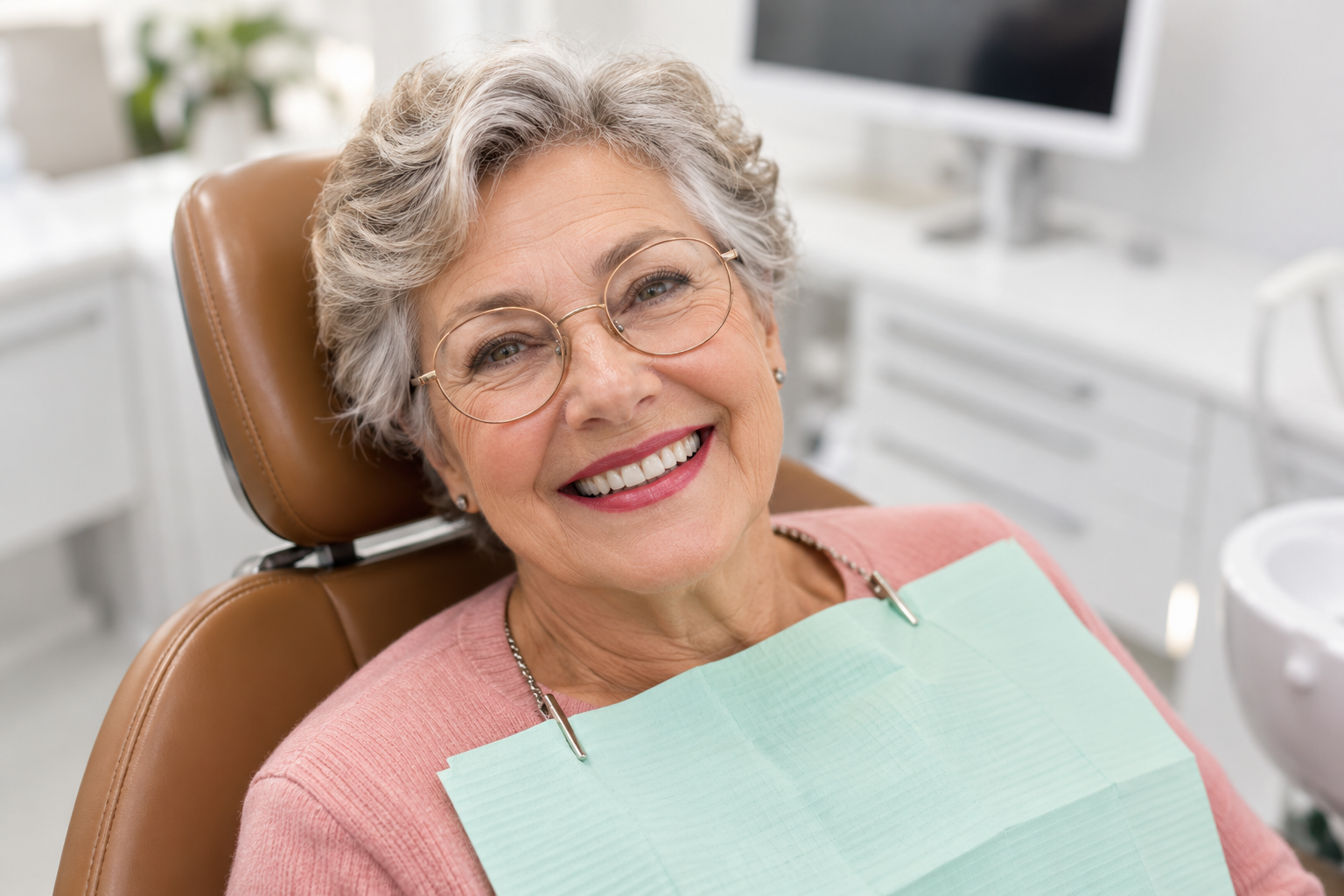 Older woman with glasses smiling warmly in a dental chair