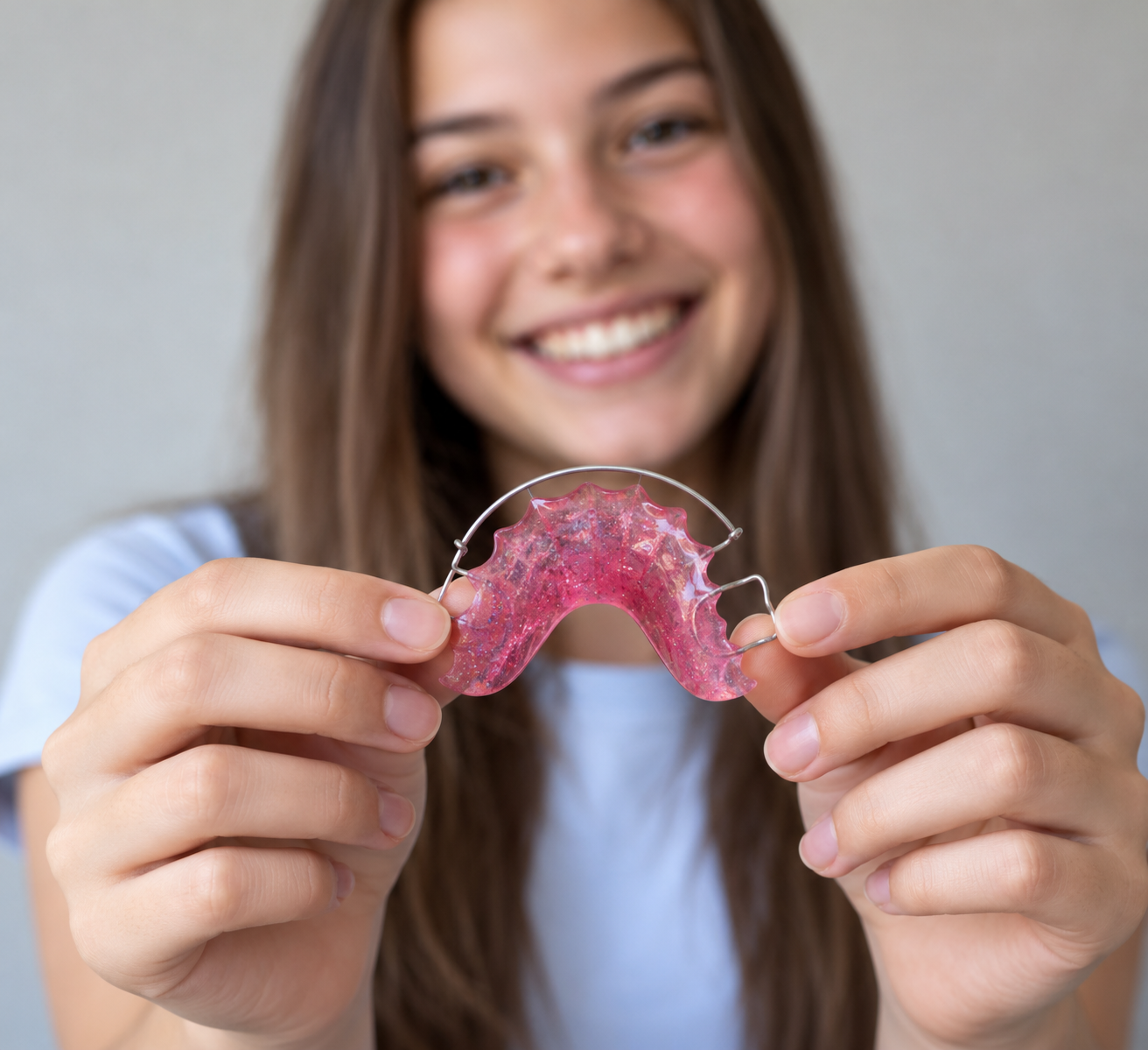 Teen girl smiling and holding up a pink sparkly Hawley retainer
