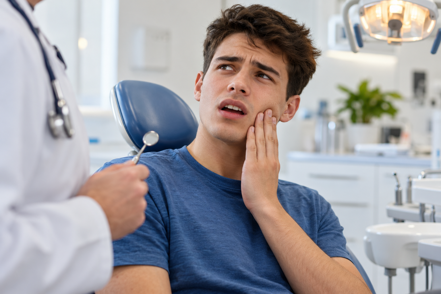 Young man holding his jaw during a wisdom teeth consultation