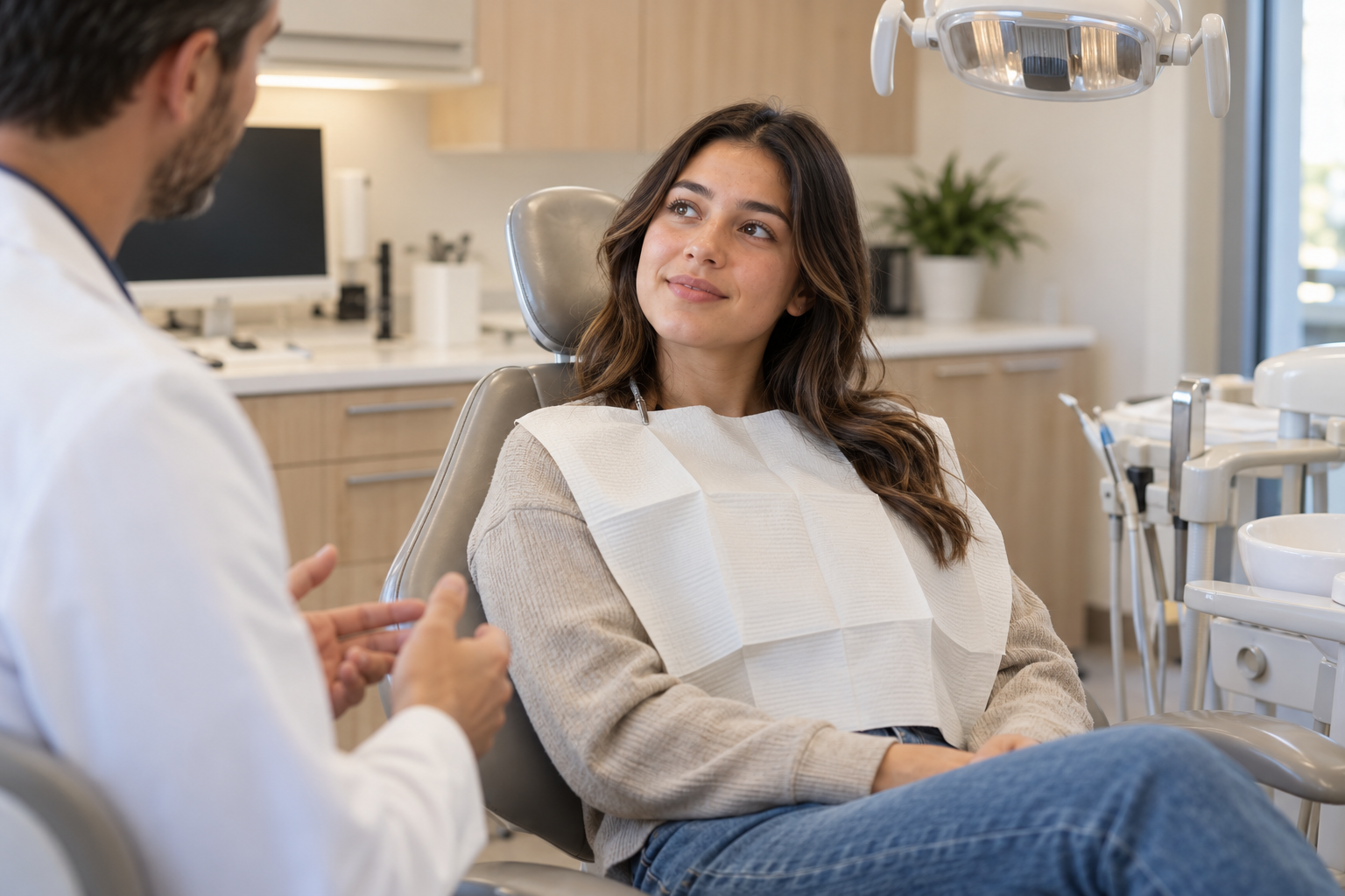 Young adult woman in a dental chair during a wisdom teeth consultation